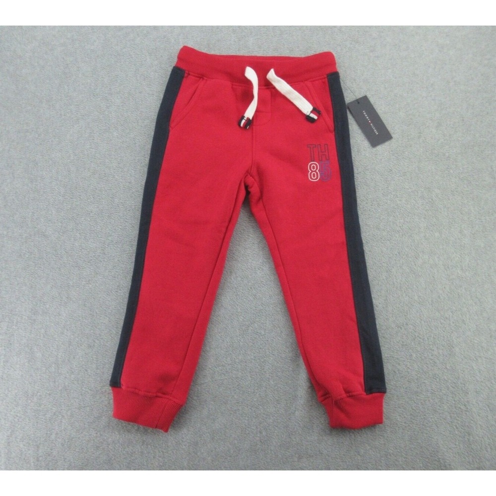 Tommy Hilfiger Boys Jogger Sweatpants NWT Regular Red Navy Side Stripe 2T